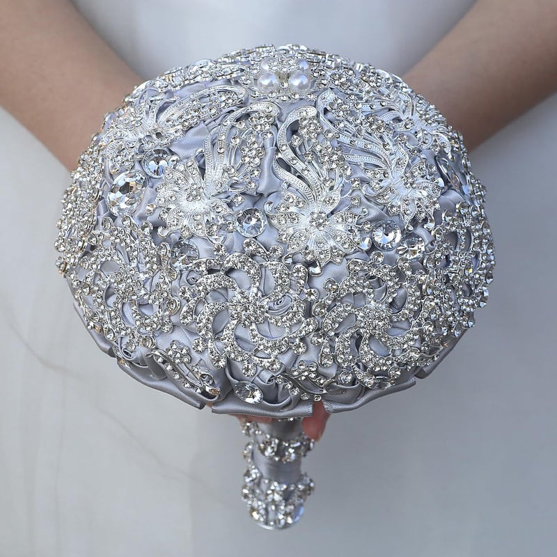 DOTKV Elegant Silver Grey Wedding Bouquets for Bride - Crystal Rhinestone & Pearl Decorated Round Bridal Bouquets, Sparkling Handheld Flower Arrangement for Wedding Ceremony (Silver+Gray) - Image 1